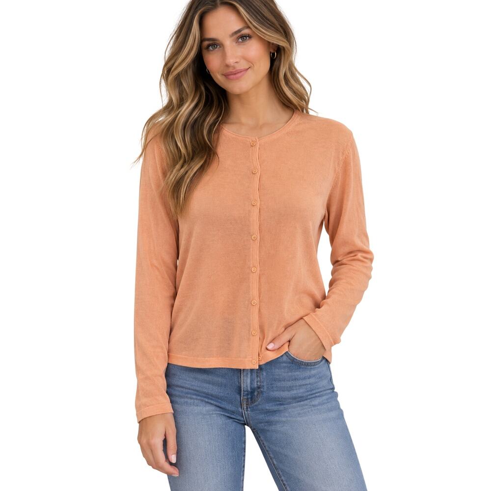 Ellen Tracy sz M orange peach lightweight cotton button front cardigan sweater